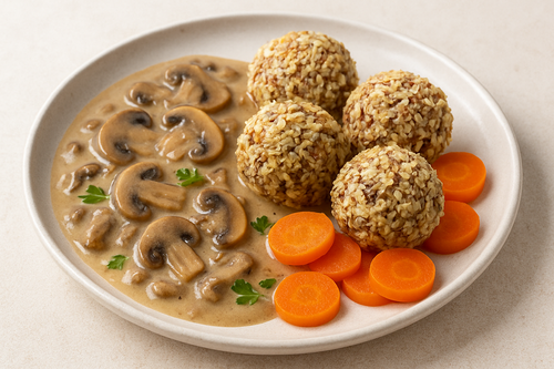 Naturreisbällchen mit Champignonsauce und Karottenscheiben